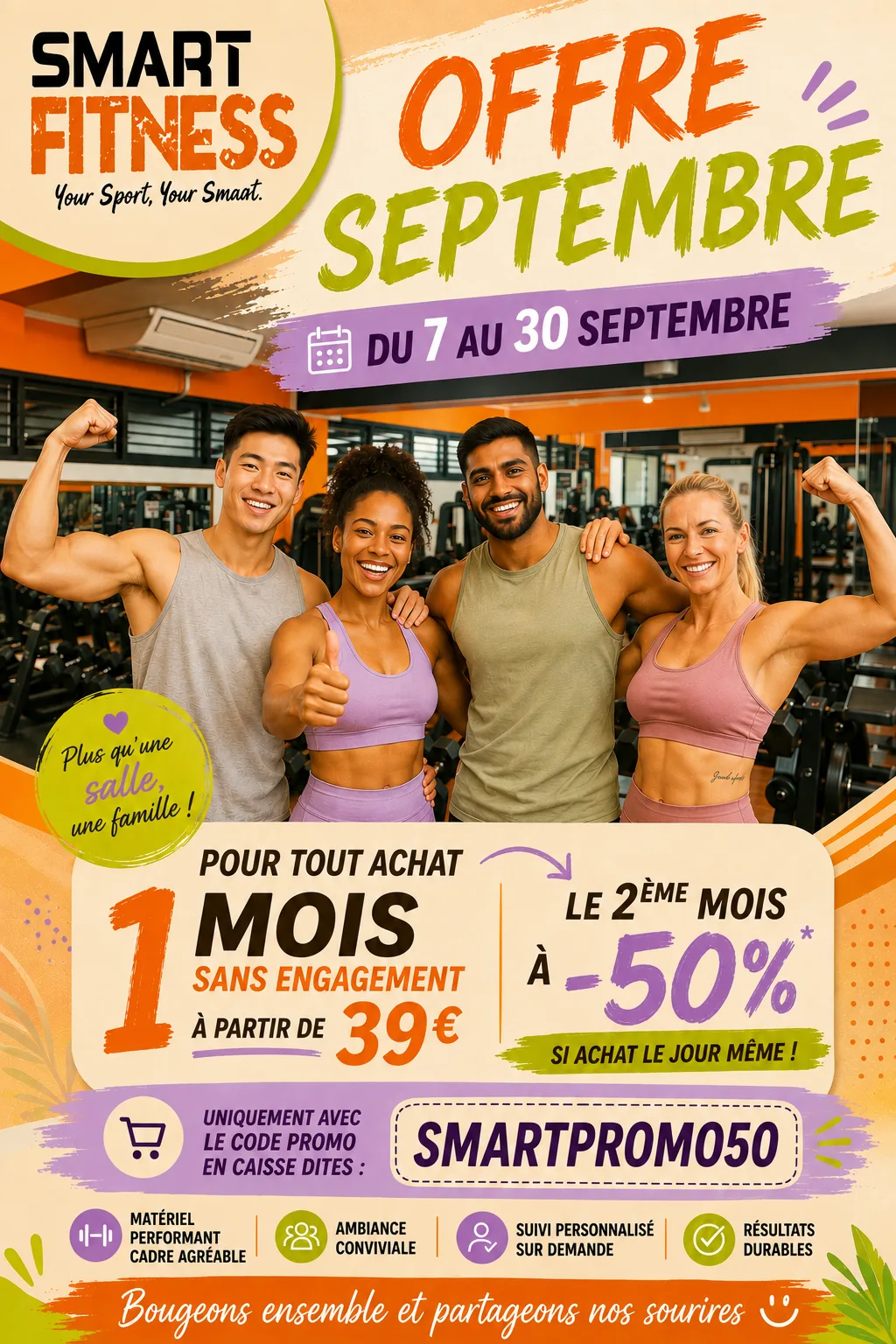 Offre septembre SmartFitness : 1 mois sans engagement à 39 € (- de 25 ans) ou 49 € (tous publics), le 2ème mois à -50 % avec le code SMARTPROMO50, du 7 au 30 septembre 2026